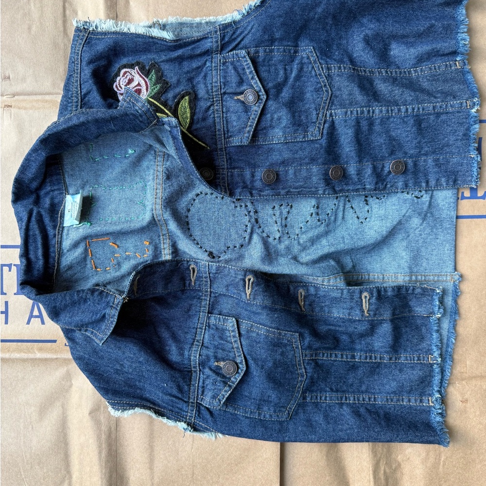 Embroidered Denim Vest with Rose Detail